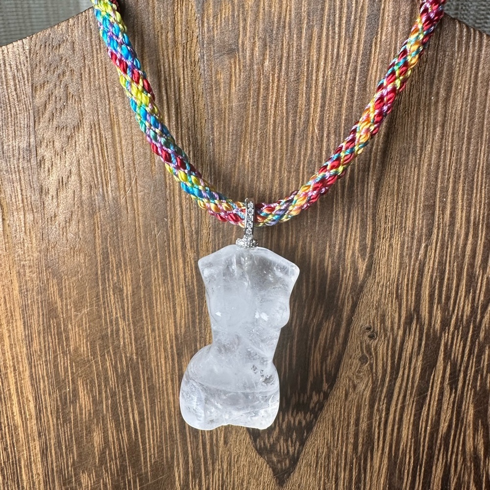 Clear Quartz Lady Body Carving Pendant Necklace on Multicolor Rope, Silver Bail - Picture 9 of 14